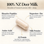 A single DoeZ capsule with its components labelled: bioactive peptides, magnesium and zinc, amino acids, A2 protein and milk proteins from 100 percent New Zealand deer milk