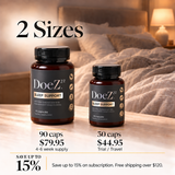 The two DoeZ Sleep Support sizes, 90 capsules at 79.95 dollars and 30 capsules at 44.95 dollars, with up to 15 percent off on subscription