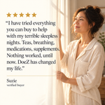 Suzie, a verified DoeZ buyer, standing at a sunlit window in the morning, beside her five star review about having tried everything for sleepless nights