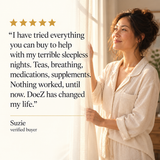 Suzie, a verified DoeZ buyer, standing at a sunlit window in the morning, beside her five star review about having tried everything for sleepless nights