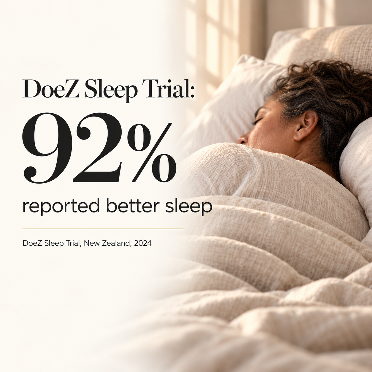 A woman sleeping peacefully beside the DoeZ Sleep Trial result: 92 percent reported better sleep, New Zealand 2024