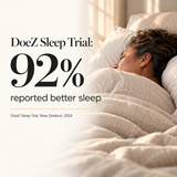 A woman sleeping peacefully beside the DoeZ Sleep Trial result: 92 percent reported better sleep, New Zealand 2024