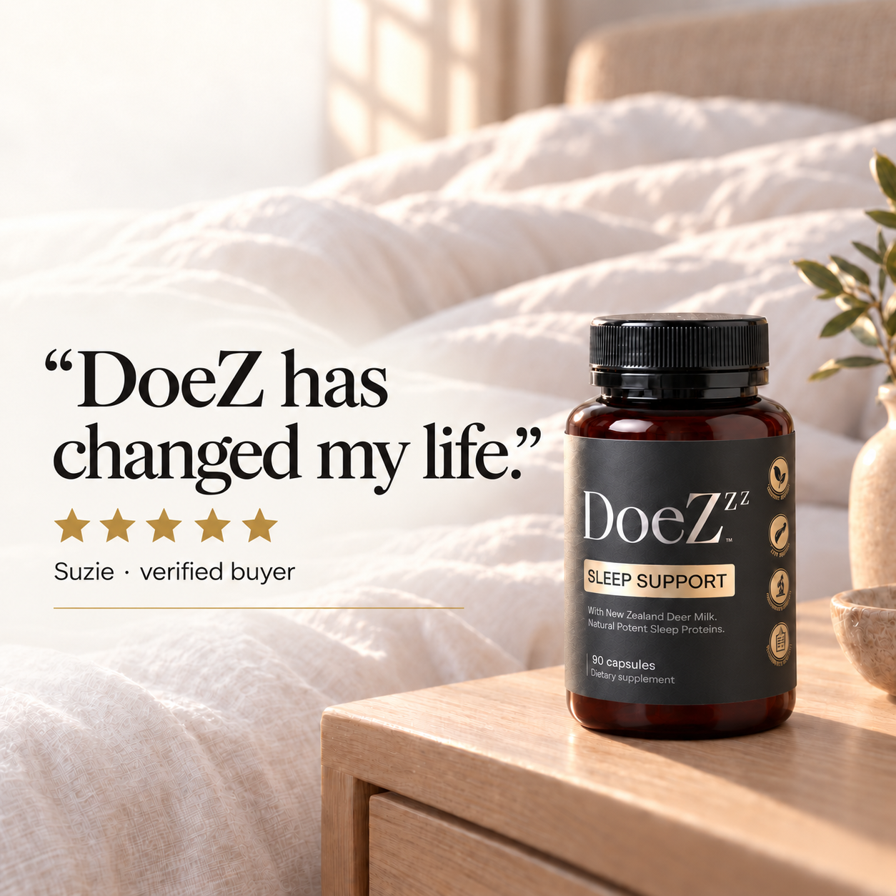 DoeZ Sleep Support 90 capsule bottle on a wooden bedside table in morning light, with a five star review from verified buyer Suzie